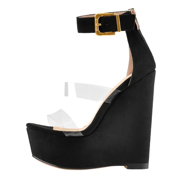 Suede Platform Black Wedge Sandals - Picture 2 of 10